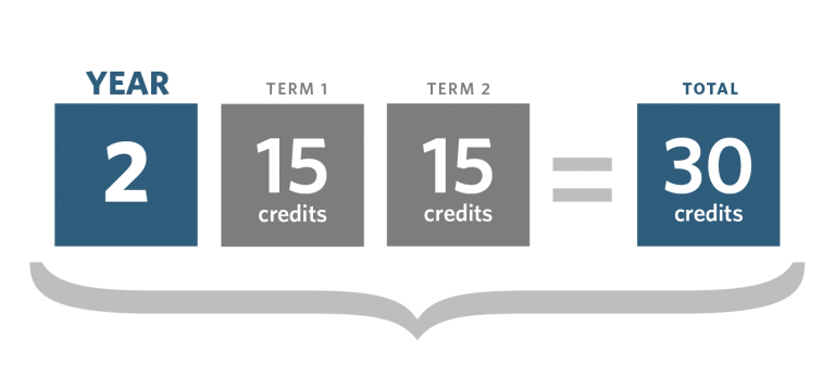 Graphic showing year 2 credits can be split into 15 credits in term 1 and 15 credits in term 2, making a total of 30 credits